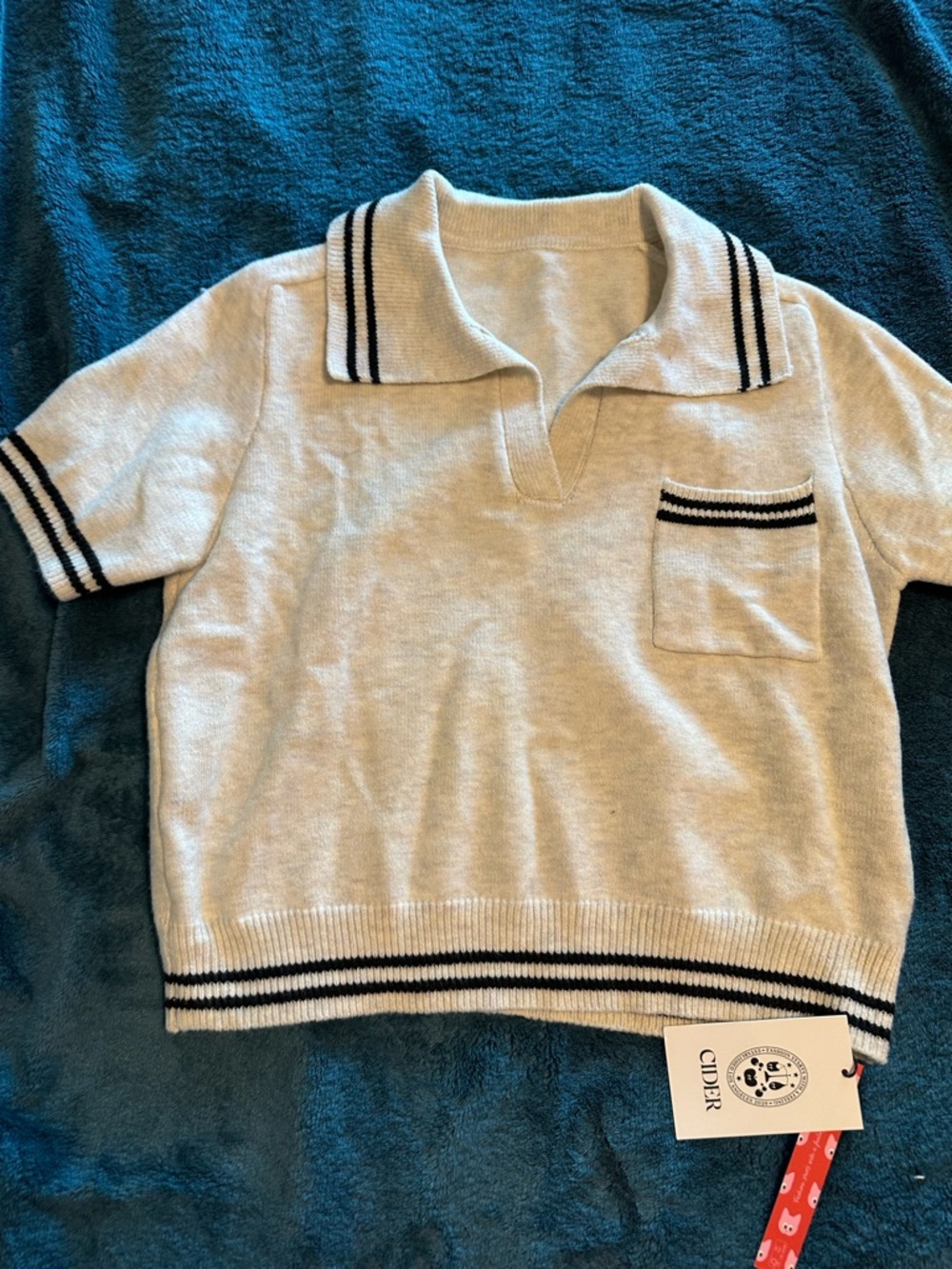 Cider Cream Short-Sleeve Polo Sweater with Black Stripe Accents